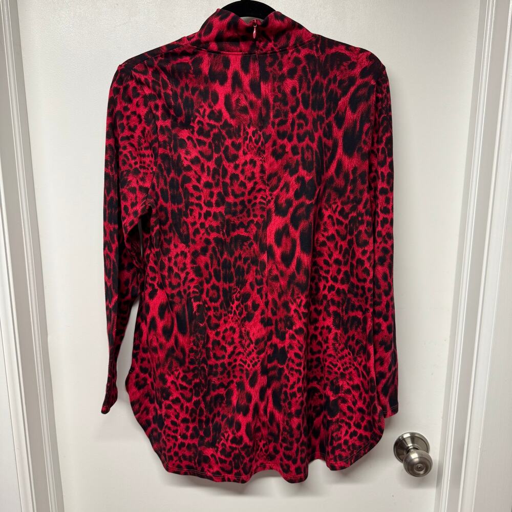 Chicos Womens Red Black Animal Print Mock Neck Long Sleeve Top Size 1/Medium/8 - Picture 2 of 10